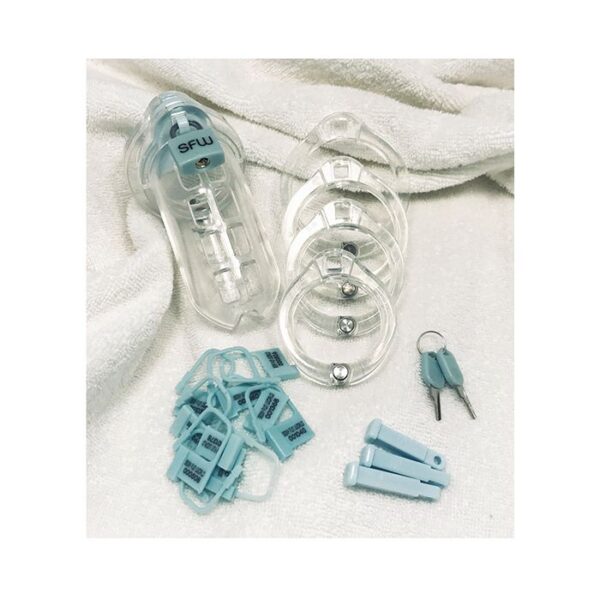 clear chastity cage and aqua locks