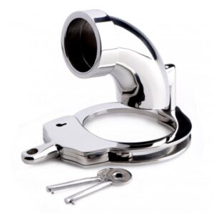 open ended steel tube chastity cage with handcuff locking device