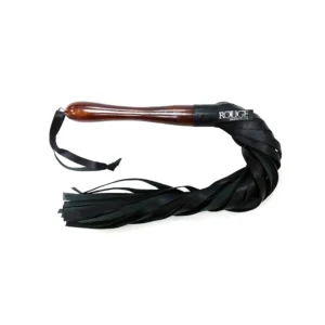 black leather flogger with wooden handle