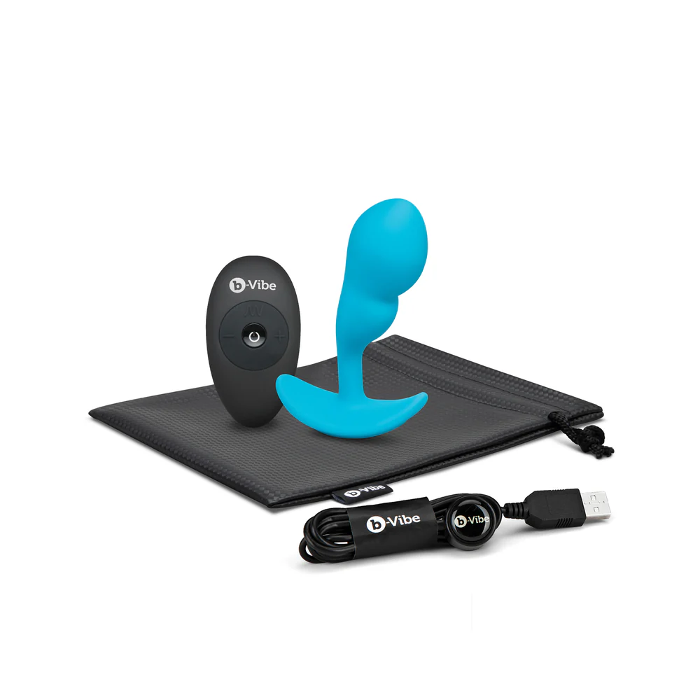 aqua butt plug on white background with black remote, cord and bag